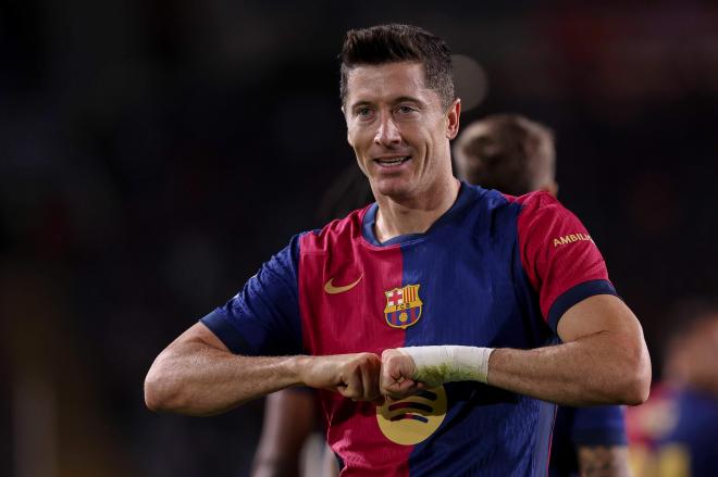 Robert Lewandowski celebra el 1-0 en el Barcelona-Getafe (Foto: Cordon Press).