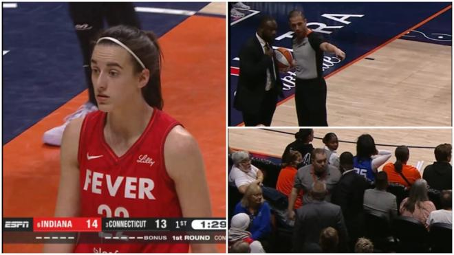 Caitlin Clark señala a un aficionado en un partido frente a los Connecticut Sun. (Fuente: @espn)