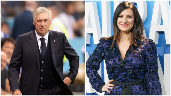 Carlo Ancelotti en un partido con el Madrid y Laura Pausini en un evento (Cordon Press)