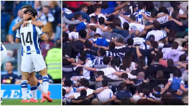 Take Kubo celebrando el gol y el baile de la afición en la grada (LALIGA/ Captura 'DAZN')