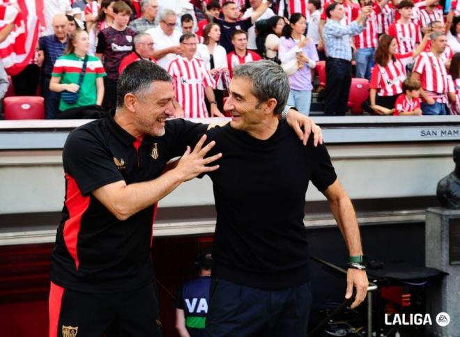 Xavier García Pimienta y Ernesto Valverde, en el partido del Athletic Club ante el Sevilla FC jugado en San Mamés (Foto: LaLiga).