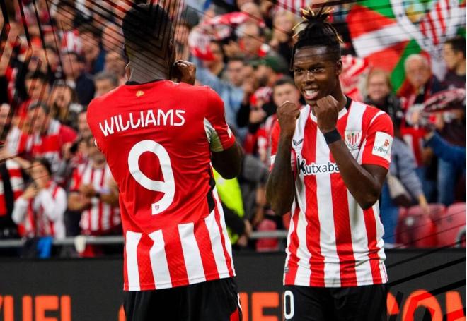 Los hermanos, Iñaki y Nico Williams, celebran el 1-0 al AZ Alkmaar en San Mamés (Foto: Athletic Club).