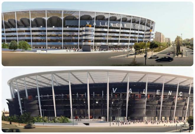 EVOLUCIÓN Nou Mestalla. Arriba cómo quedará, abajo, el diseño anterior de 2022.