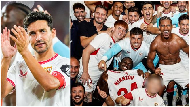 El hijo de Jesús Navas se une a la celebración en el vestuario del Sevilla. (Fuente: Europe Press