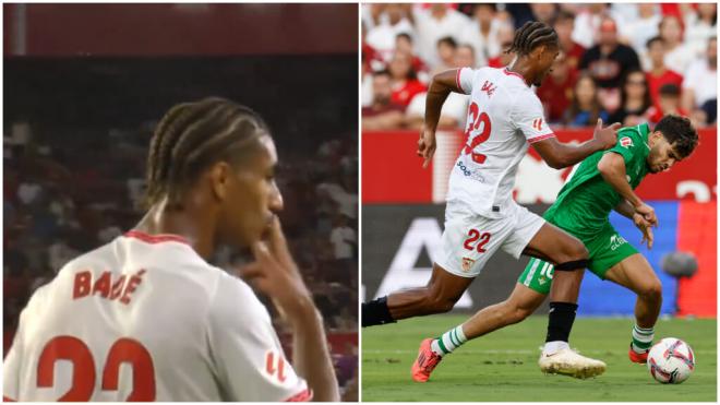 Loic Badé, mandando un beso al Chimy Ávila y en una jugada con Abde (Fotos: DAZN y EFE)