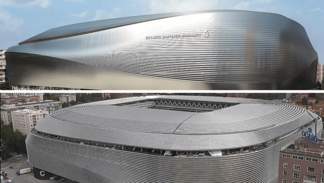 Render del Estadio Santiago Bernabéu y fotografía real de la fachada exterior.