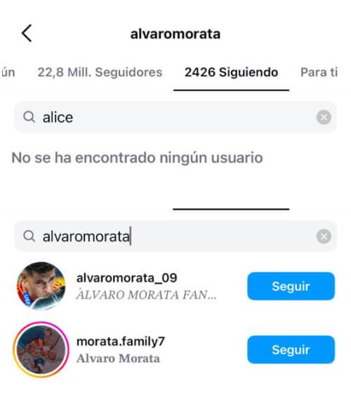 Alice y Morata se dejan de seguir en redes (Capturas de Instagram)