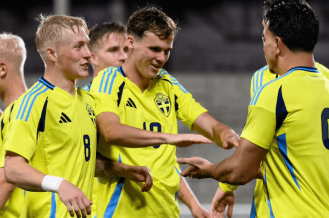 Williot Swedberg celebra su gol ante Georgia (Foto: Svenskfotboll).