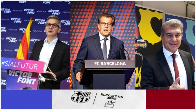 Los tres aspirantes a ser presidente del FC Barcelona en las elecciones del 2021; Víctor Font, Toni Freixa y Joan Laporta (Fuente: Europa Press)