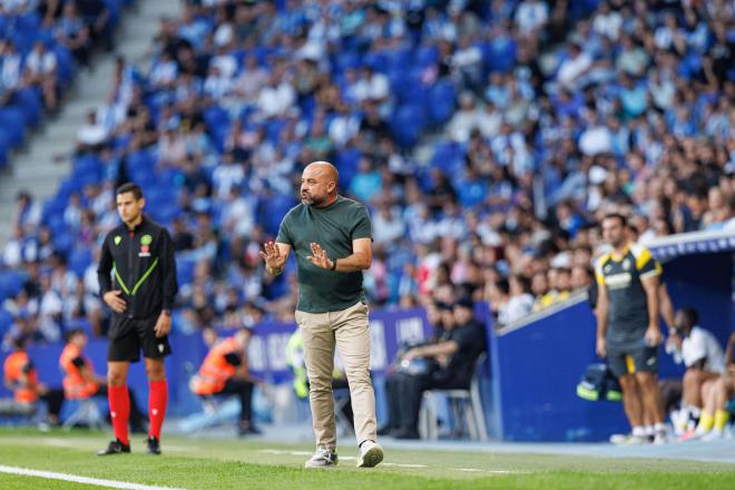 Manolo González da indicaciones en la banda del RCDE Stadium (Foto: Cordon Press).