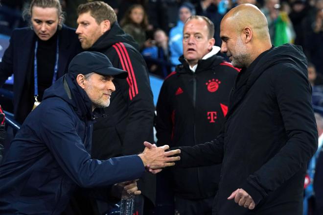 Thomas Tuchel y Pep Guardiola saludándose antes de un partido (Foto: Cordon Press).