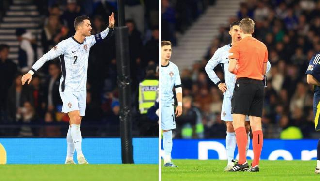 Cristiano Ronaldo protesta en el partido entre Escocia y Portugal (Foto: Cordon Press).