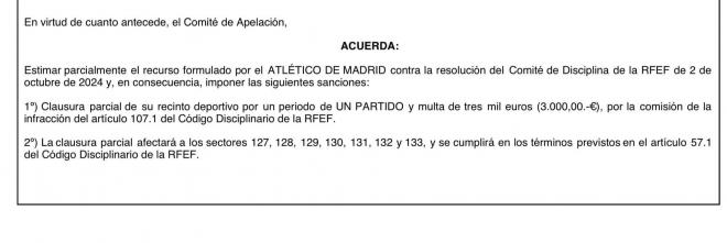 Resolución del Comité de Apelación, respecto al Atlético de Madrid