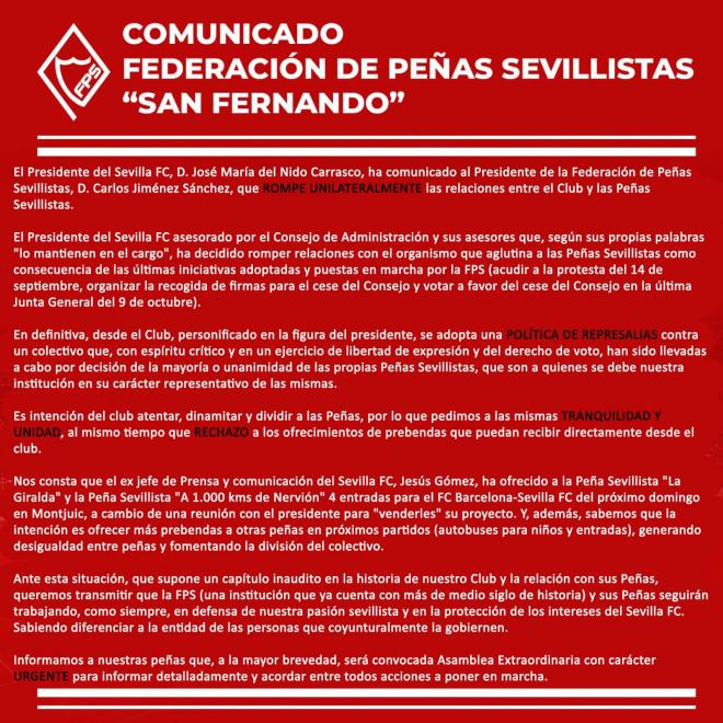 El comunicado publicado por la Federación de Peñas del Sevilla.