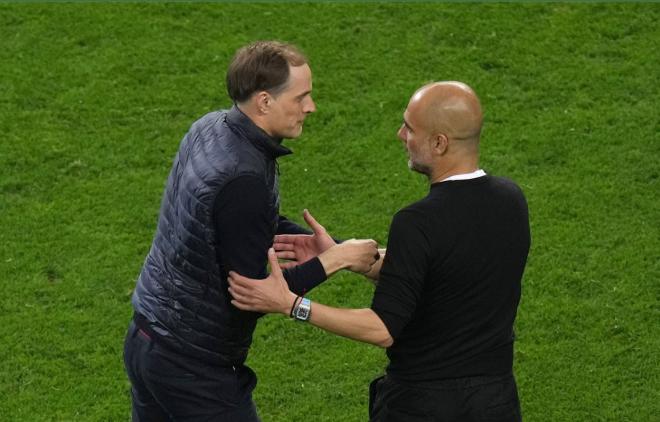 Thomas Tuchel y Pep Guardiola se saludan antes de un encuentro (Foto: Cordon Press).