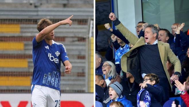 Nico Paz celebra su primer gol con el Como con Hugh Grant (Foto: Cordon Press).