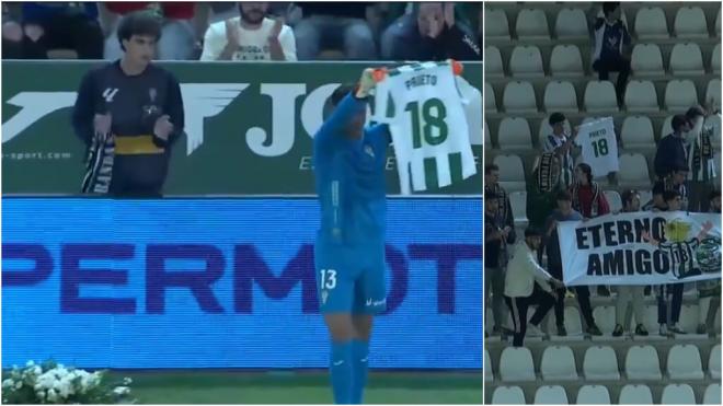 Carlos Marín, capitán del Córdoba, mostró la camiseta de Álvaro Prieto junto a un ramo de flor