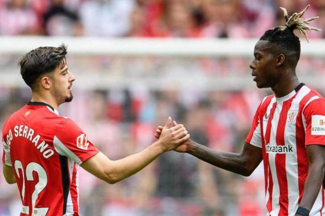 Nico Serrano y Nico Williams, en el partido ante el RCD Espanyol en San Mamés (Foto: Athletic Club).