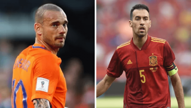 Wesley Sneijder y Sergio Busquets, con Holanda y España, respectivamente.