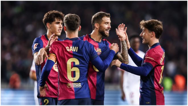 Los jugadores FC Barcelona celebrando el gol de Pablo Torres. (Fuente: Europa Press)