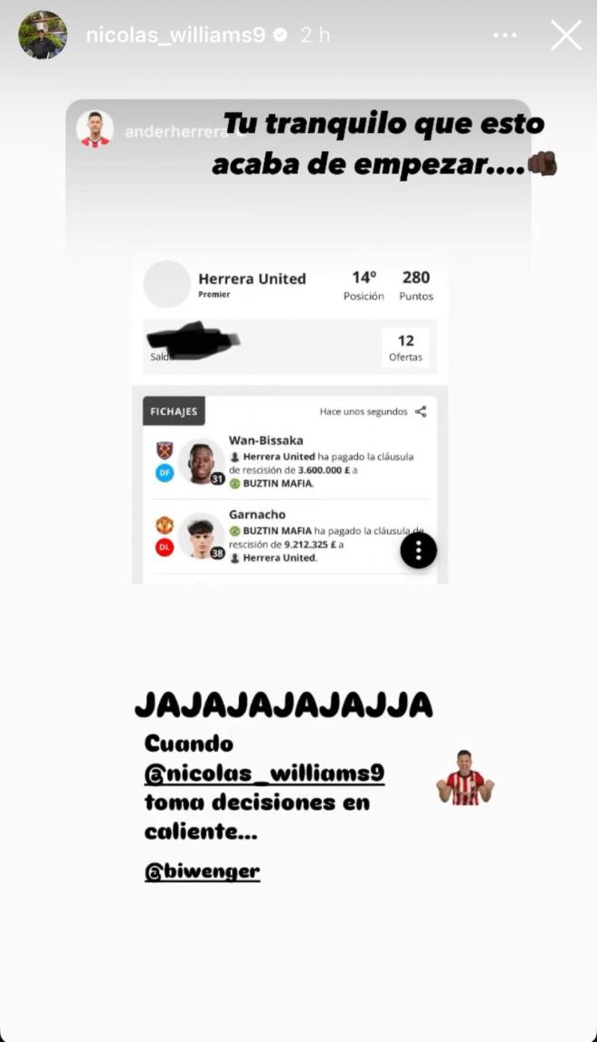 Perfiles oficiales de Nico Williams y Ander Herrera en Instagram.