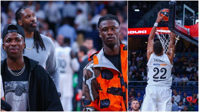 Vinicius Jr y Camavinga, en el partido del Real Madrid de Baloncesto (Fotos: Cordon Press)