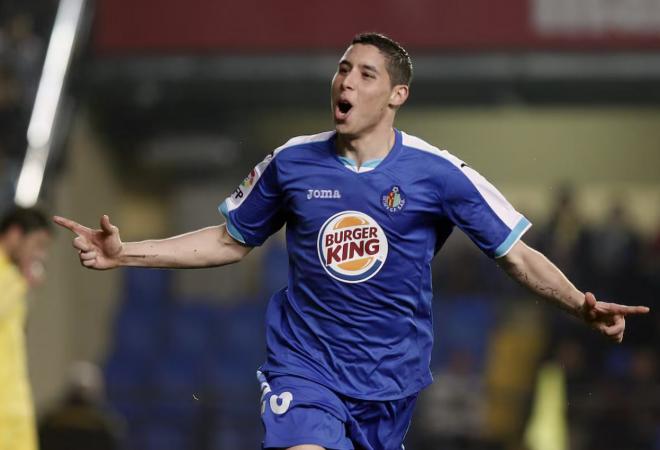 Abdel Barrada celebra un gol durante su etapa en el Getafe.