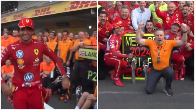 Zak Brown celebró en el box de Ferrari el triunfo de Carlos Sainz y este en el de Mclaren el de La