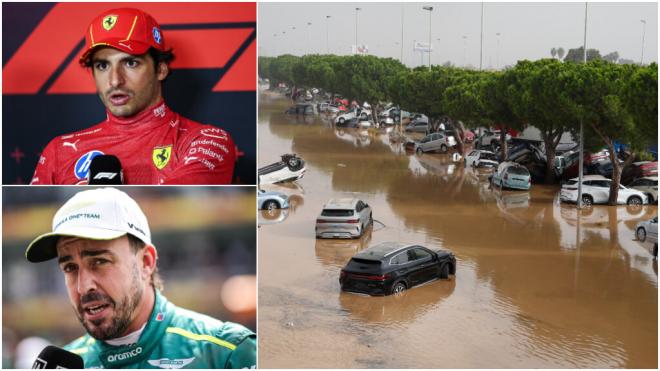 Fernando Alonso y Carlos Sainz, con una imagen de los daños del temporal (Fotos: Europa Press y EF