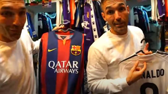 David Barral con las camisetas de Messi y Cristiano Ronaldo (Montaje: Canal Youtube Rodrigo Fáez)