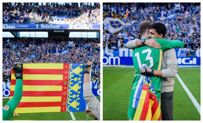 Aarón Escandell y Carlos Pomares celebran con la senyera de Valencia (Foto: Real Oviedo).