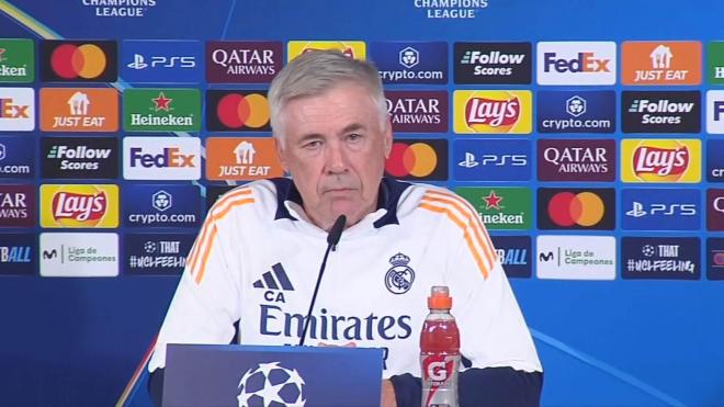 Carlo Ancelotti en la rueda de prensa previa al partido de Champions contra el Milan (ElDesmarque)