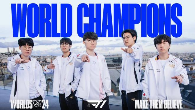 T1 como campeones del mundo tras tumbar a Bilibili Gaming en los Worlds 2024 (Imagen: Riot Games).