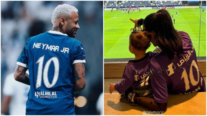 Neymar en el partido con el Al-Hilal y Bruna Biancardi y su hija desde el palco (Instagram: @alhila