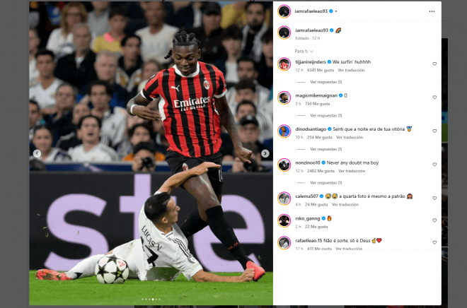 Rafael Leao y las imágenes del Bernabéu en su Instagram (@iamrafaeleao93)