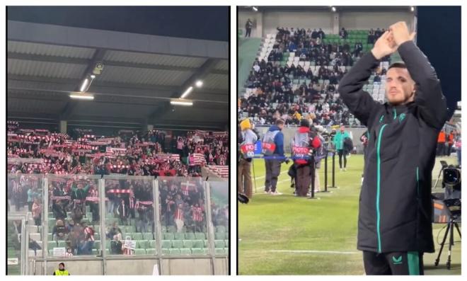 Gestos de ánimo de Oihan Sancet a la afición del Athletic.