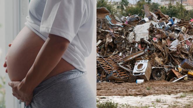 Embarazada (izquierda) y zona afectada por la DANA (derecha) (Foto: Freepik y EFE)