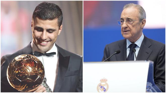 Rodrigo Hernández con el Balón de Oro y Florentino Pérez en el Bernabéu (Fotos: Europa Press)