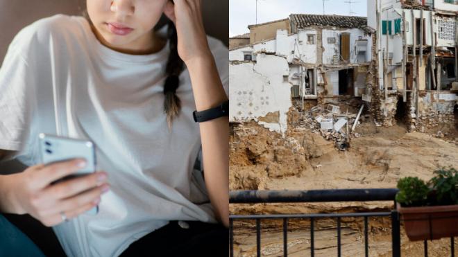 Chica con el móvil y un pueblo devastado por la DANA (Foto: Freepik y EFE)