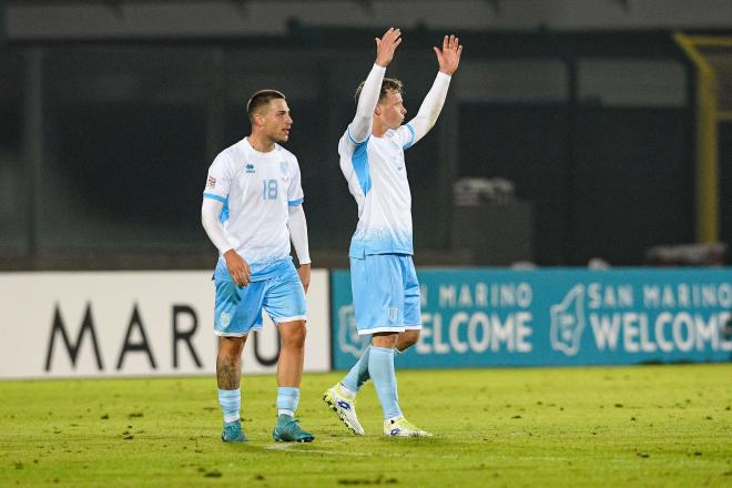 Nicola Nanni celebra su gol en el San Marino-Gibraltar (Foto: FSGC).