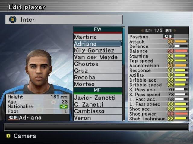 El 99 en potencia de Adriano Leite en el Pro Evolution Soccer 6 (Foto: Cordon Press).