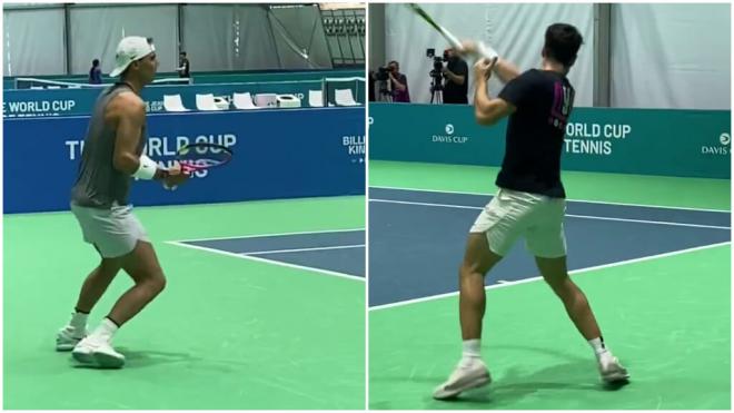 Carlos Alcaraz y Rafa Nadal entrenando en Málaga (RFETenis)