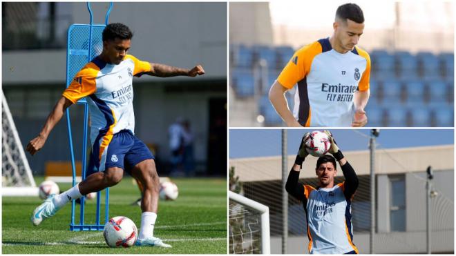 Rodrygo Goes, Thibaut Courtois y Lucas Vázquez en el entrenamiento del Real Madrid