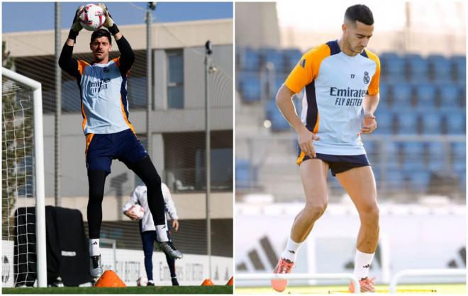 Thibaut Courtois y Lucas Vázquez en el entrenamiento del Real Madrid