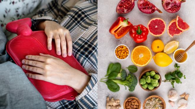 Mujer poniéndose calor para aliviar el dolor menstrual (izquierda) y conjunto de alimentos (derecha) (Foto: Freepik)