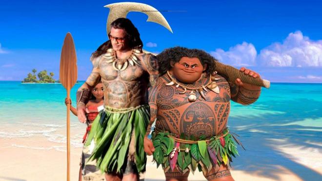 Dwayne Johnson como Maui en el rodaje de Vaiana