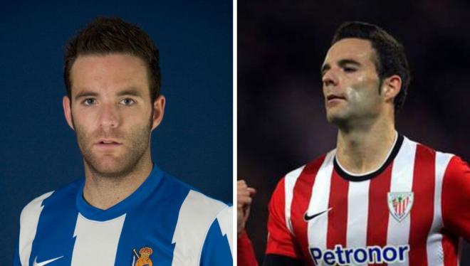 Borja Viguera, con las camisetas de la Real Sociedad y del Athletic.