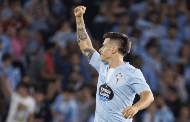 Alfon celebrando su gol al Barcelona (Foto: LaLiga).