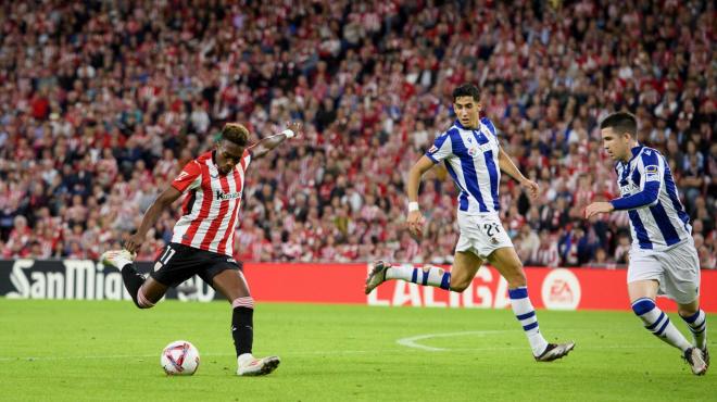 Chut de Álvaro Djaló, en el derbi vasco ante la Real Sociedad ganado en San Mamés (Foto: Athletic Club).