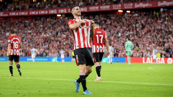 Gol muy celebrado del navarro Oihan Sancet en el derbi ante la Real Sociedad en San Mamés (Foto: Athletic Club).